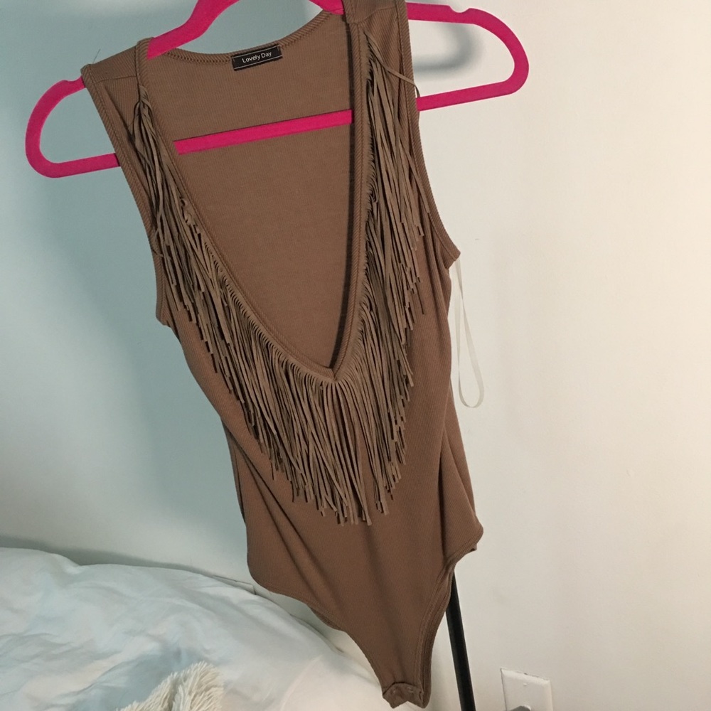 Deep plunge fringed bodysuit